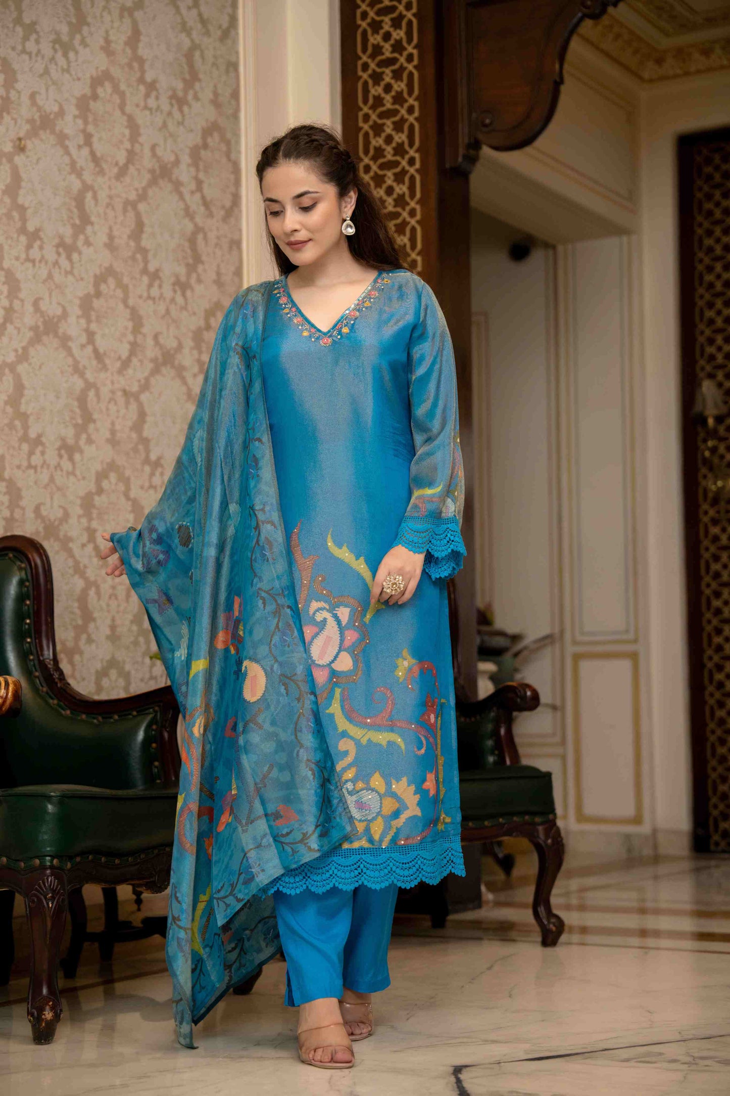 Royal Blue Embroidered Floral Muslin 3-Piece Kurta Set with Dupatta