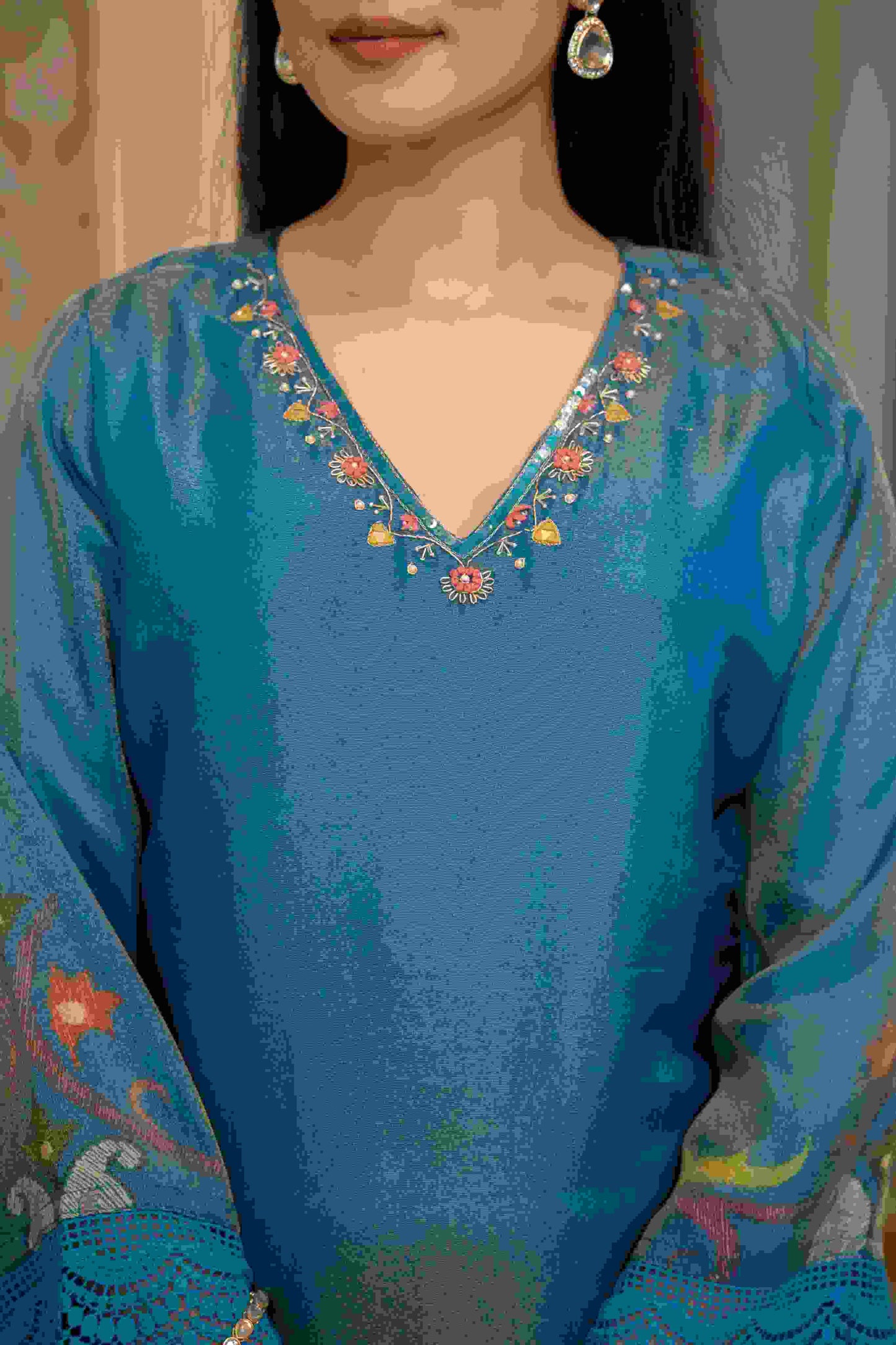 Royal Blue Embroidered Floral Muslin 3-Piece Kurta Set with Dupatta