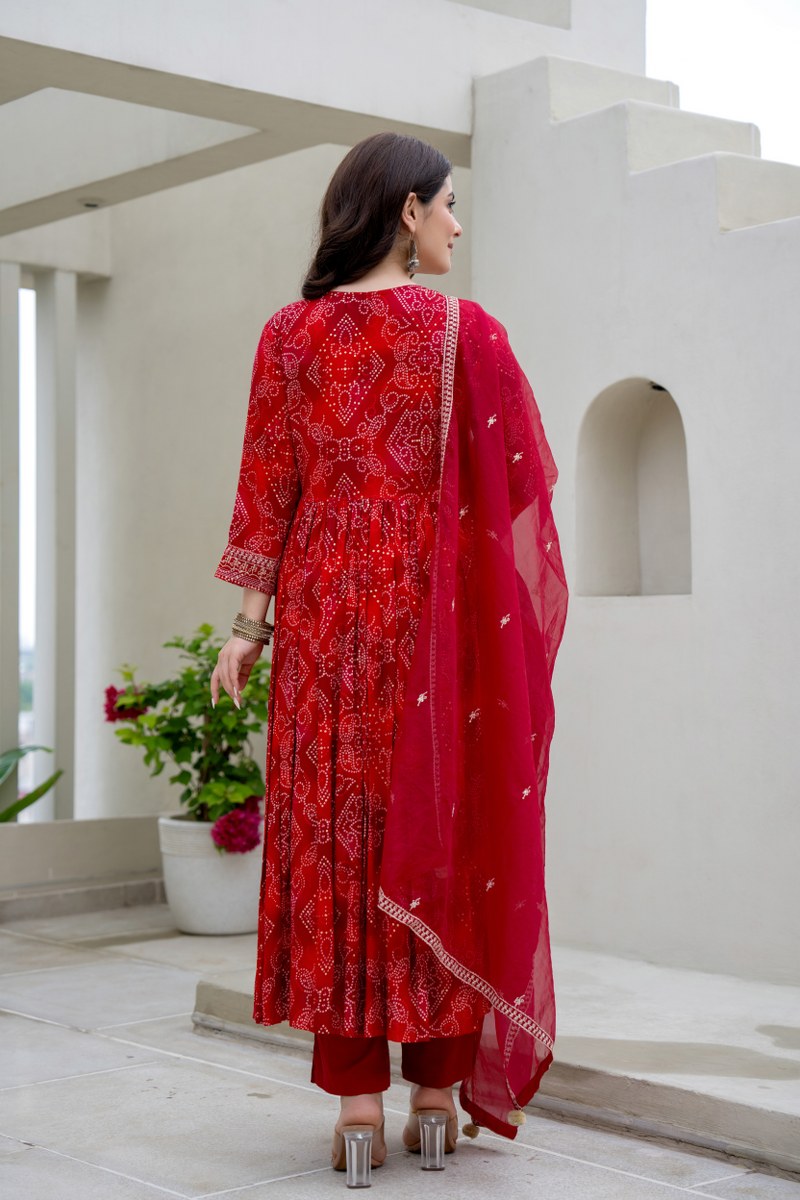 Crimson Red Printed Cotton 3-Piece Kurta Set with Embroidered Yoke & Dupatta