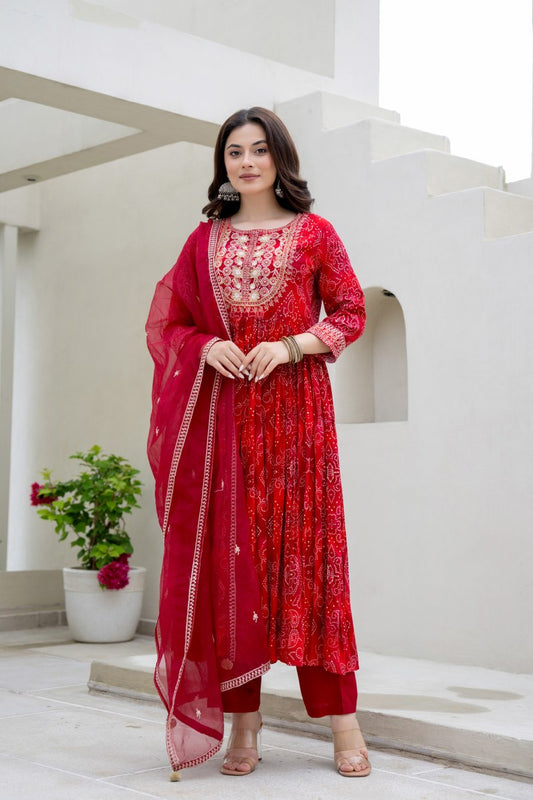 Crimson Red Printed Cotton 3-Piece Kurta Set with Embroidered Yoke & Dupatta