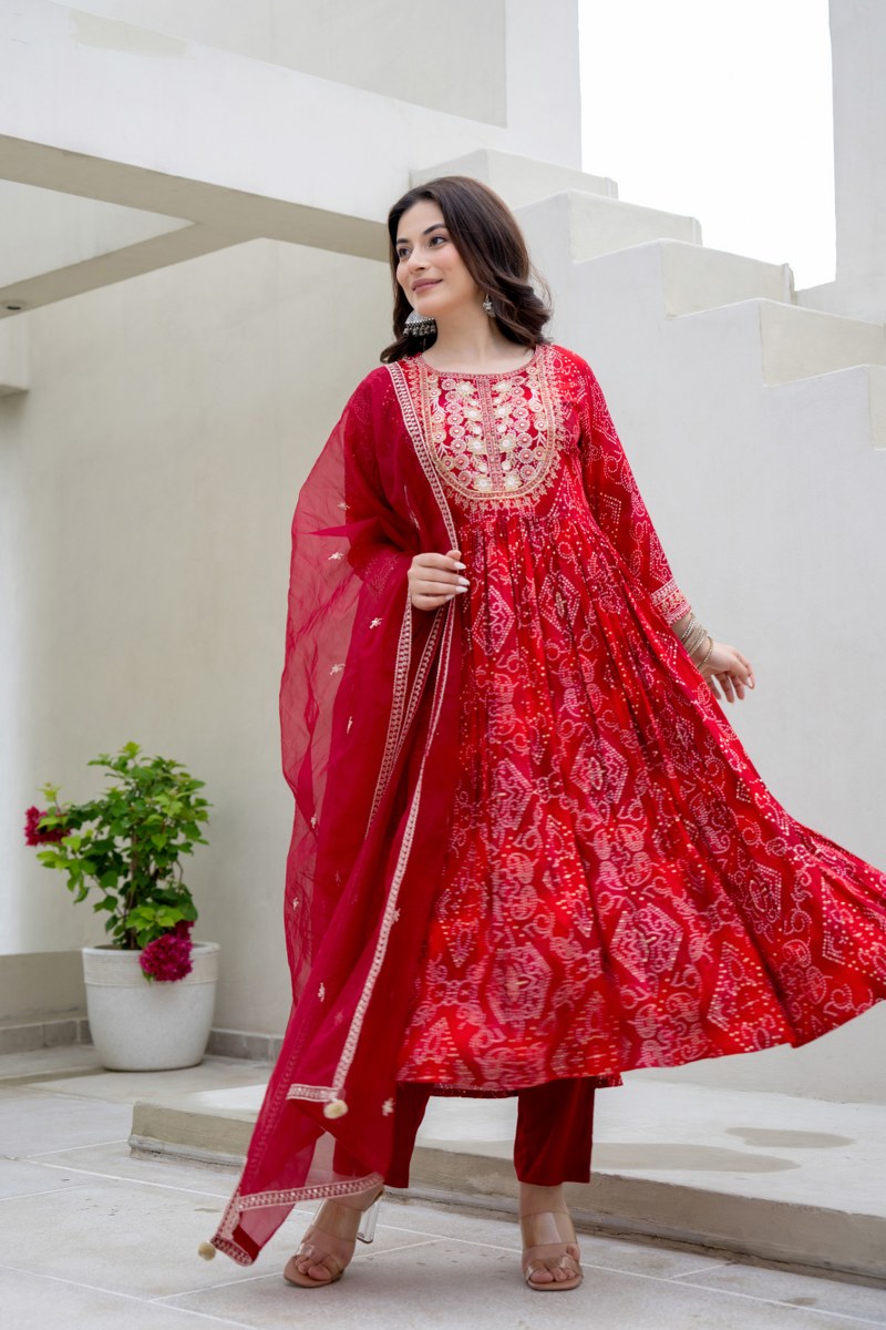Crimson Red Printed Cotton 3-Piece Kurta Set with Embroidered Yoke & Dupatta