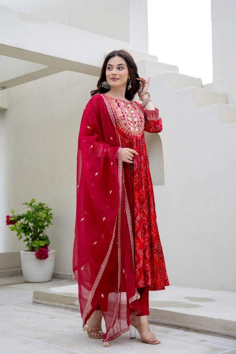 Crimson Red Printed Cotton 3-Piece Kurta Set with Embroidered Yoke & Dupatta