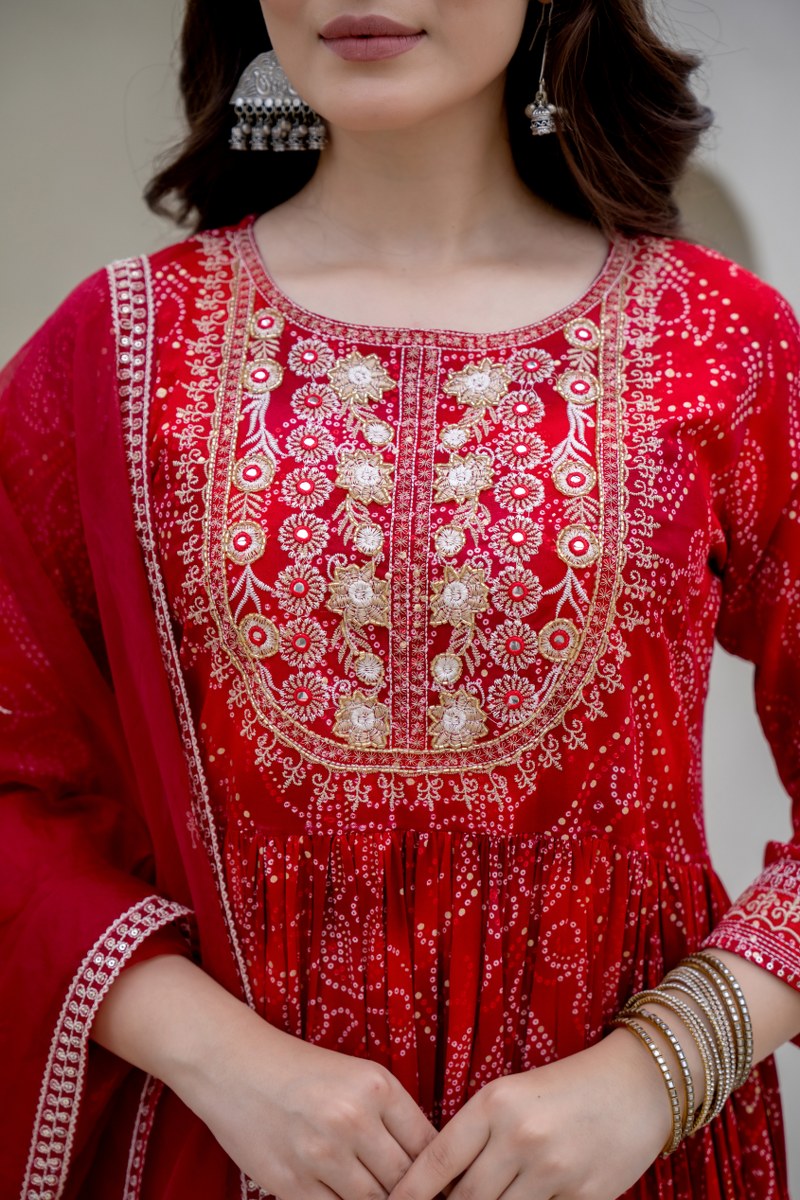 Crimson Red Printed Cotton 3-Piece Kurta Set with Embroidered Yoke & Dupatta
