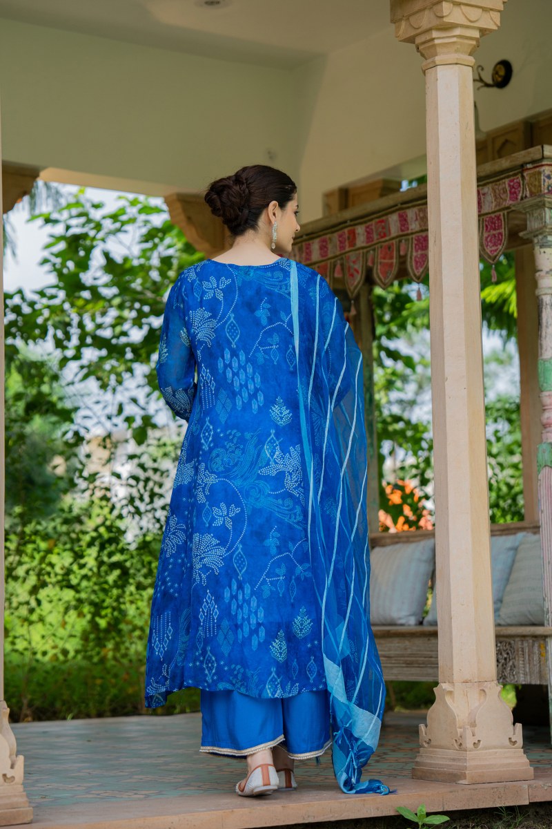 Royal Blue Bandhani-Inspired Printed Organza 3-Piece Kurta Set with Dupatta