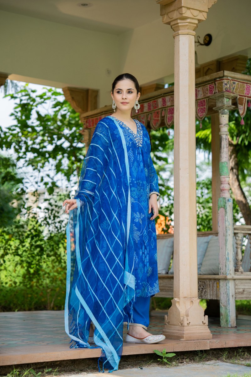 Royal Blue Bandhani-Inspired Printed Organza 3-Piece Kurta Set with Dupatta