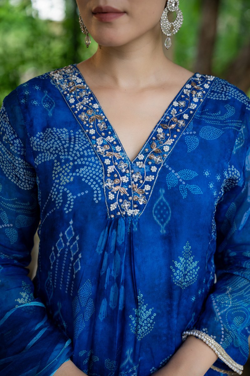 Royal Blue Bandhani-Inspired Printed Organza 3-Piece Kurta Set with Dupatta