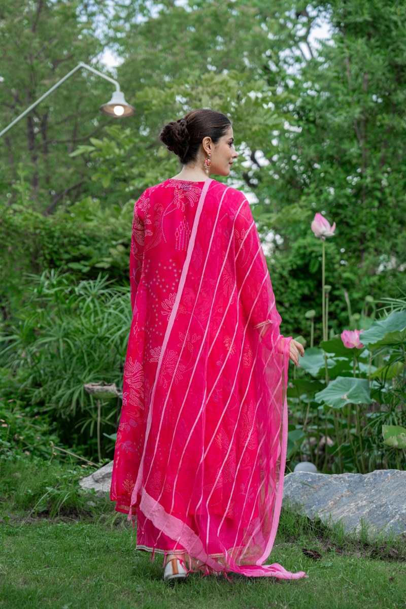 Rani Pink Bandhani-Style Organza 3-Piece Kurta Set with Dupatta