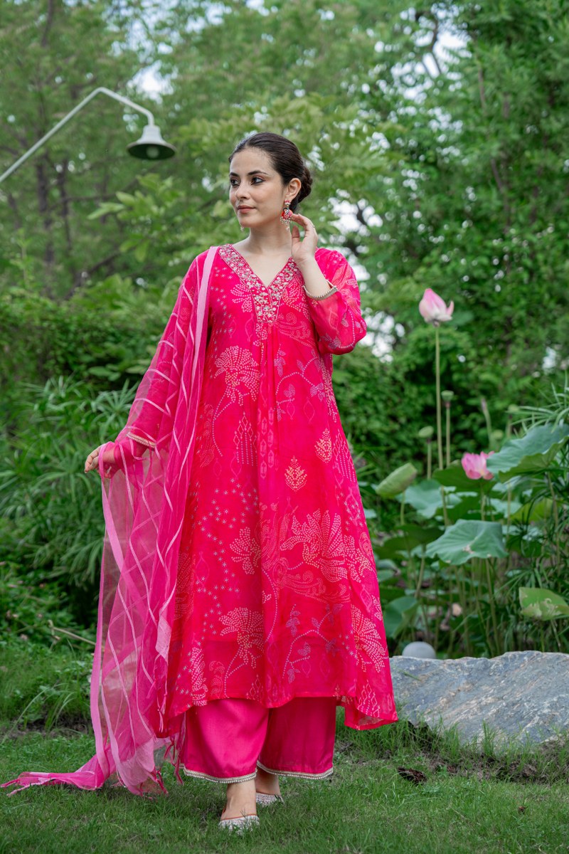 Rani Pink Bandhani-Style Organza 3-Piece Kurta Set with Dupatta