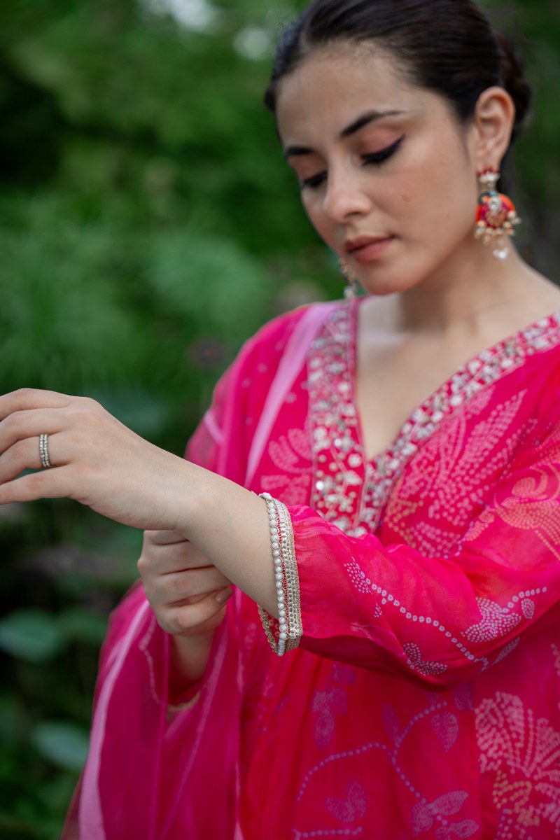 Rani Pink Bandhani-Style Organza 3-Piece Kurta Set with Dupatta