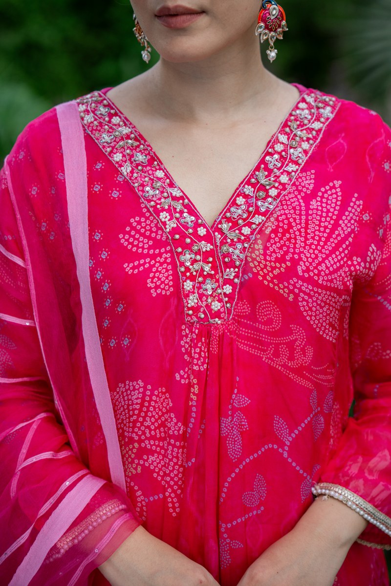 Rani Pink Bandhani-Style Organza 3-Piece Kurta Set with Dupatta