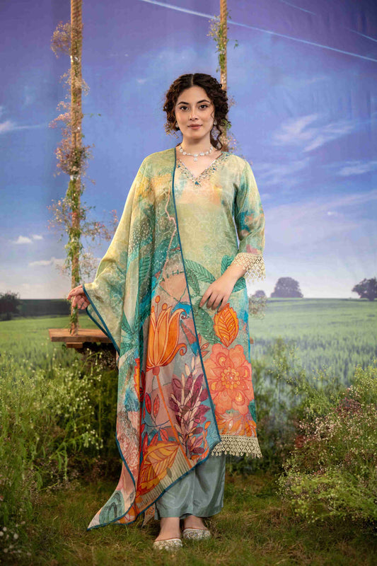 Pastel Green & Multicolor Floral Muslin 3-Piece Suit Set