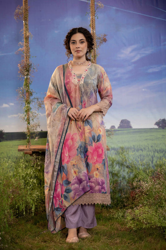 Lavender Multicolor Floral Printed Muslin 3-Piece Kurta Set with Dupatta