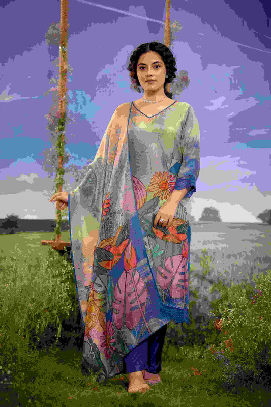 Smoky Grey Multicolor Floral Muslin 3-Piece Kurta Set with Dupatta