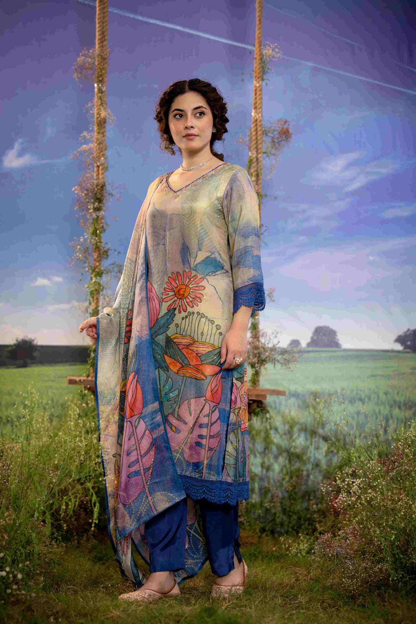 Smoky Grey Multicolor Floral Muslin 3-Piece Kurta Set with Dupatta