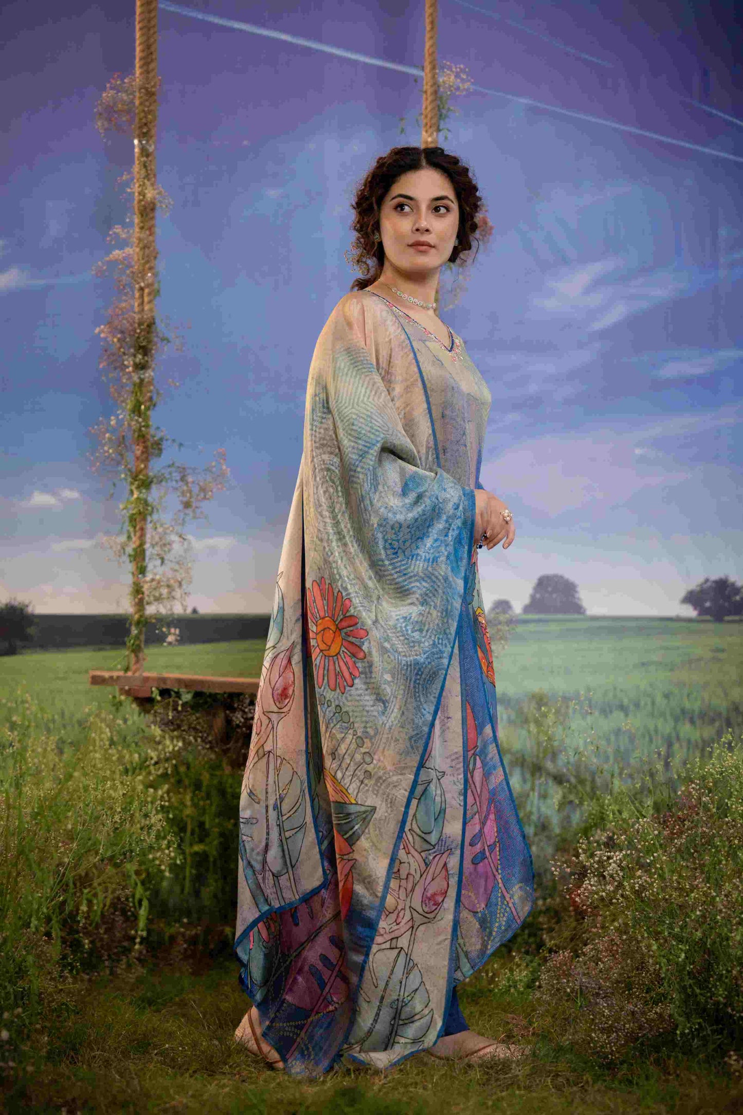 Smoky Grey Multicolor Floral Muslin 3-Piece Kurta Set with Dupatta