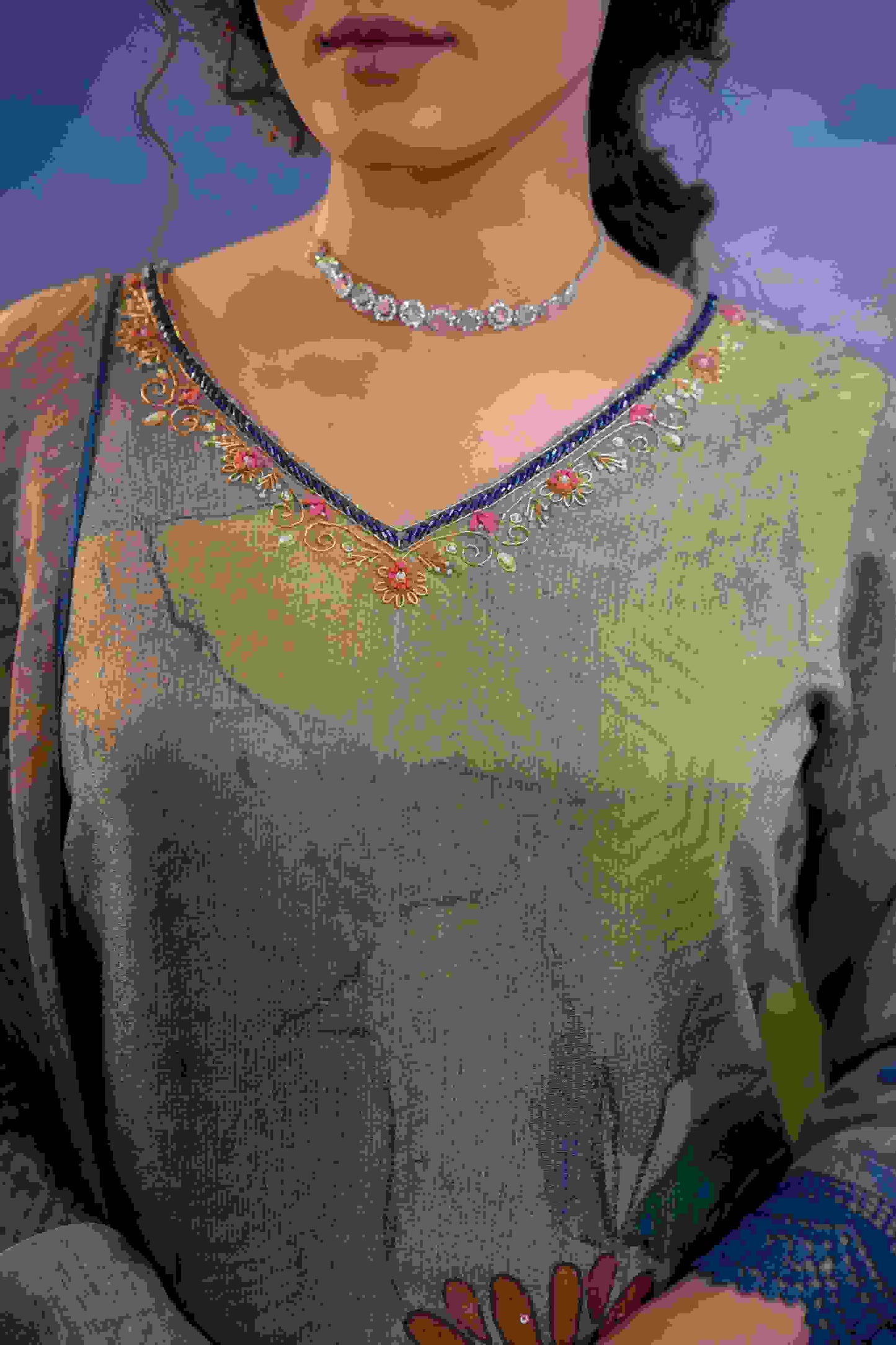 Smoky Grey Multicolor Floral Muslin 3-Piece Kurta Set with Dupatta