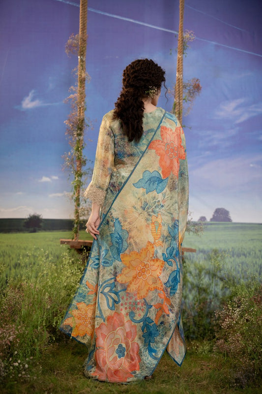 Ocean Bloom Muslin 3-Piece Embroidered Suit Set