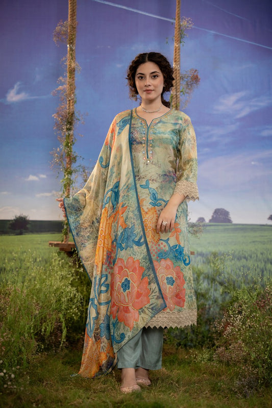 Ocean Bloom Muslin 3-Piece Embroidered Suit Set