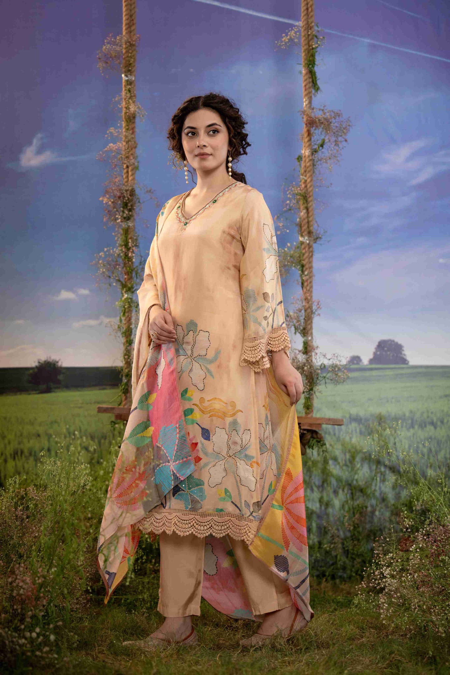 Blush Beige Multicolor Floral Printed Muslin 3-Piece Kurta Set