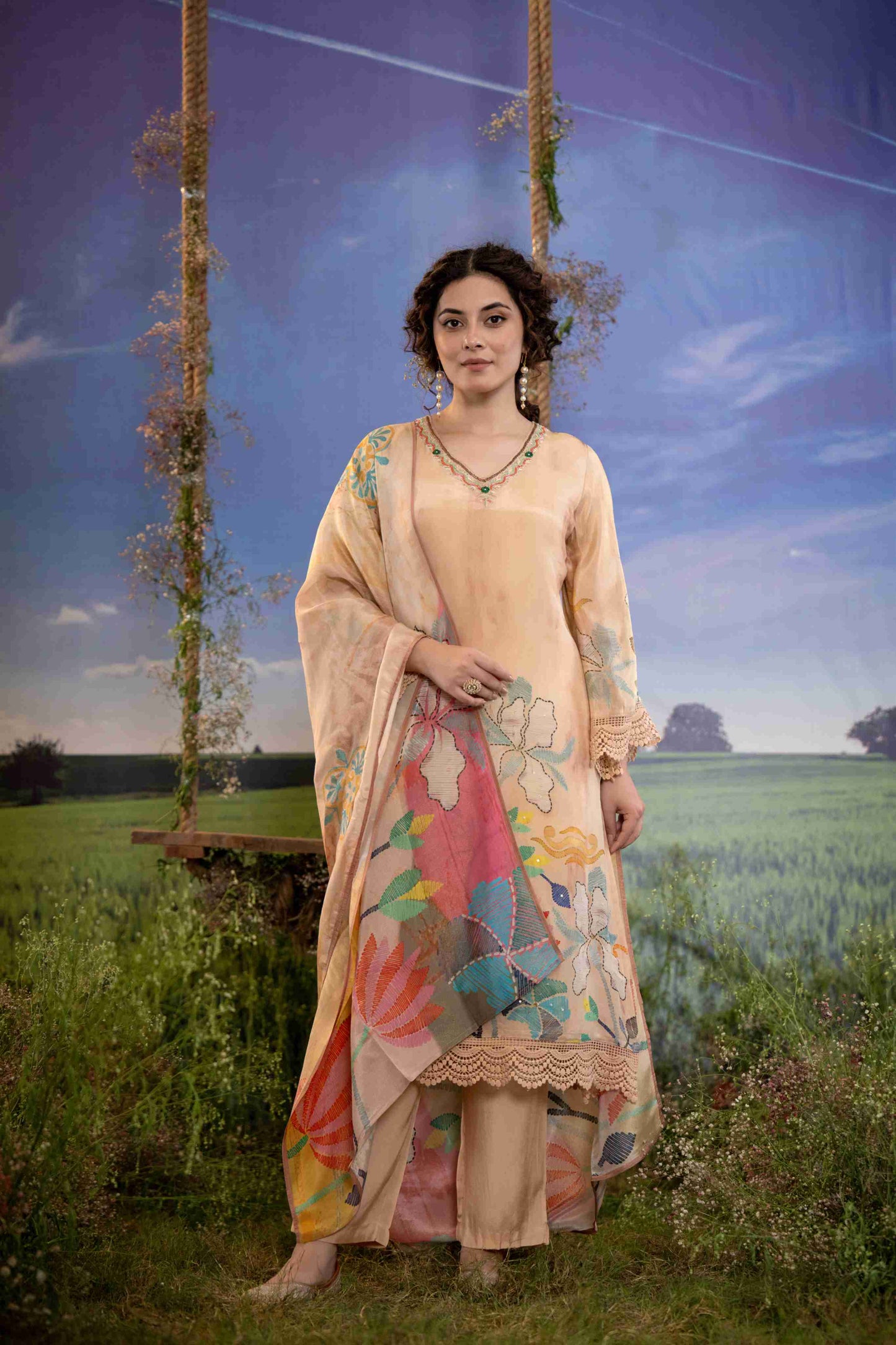 Blush Beige Multicolor Floral Printed Muslin 3-Piece Kurta Set