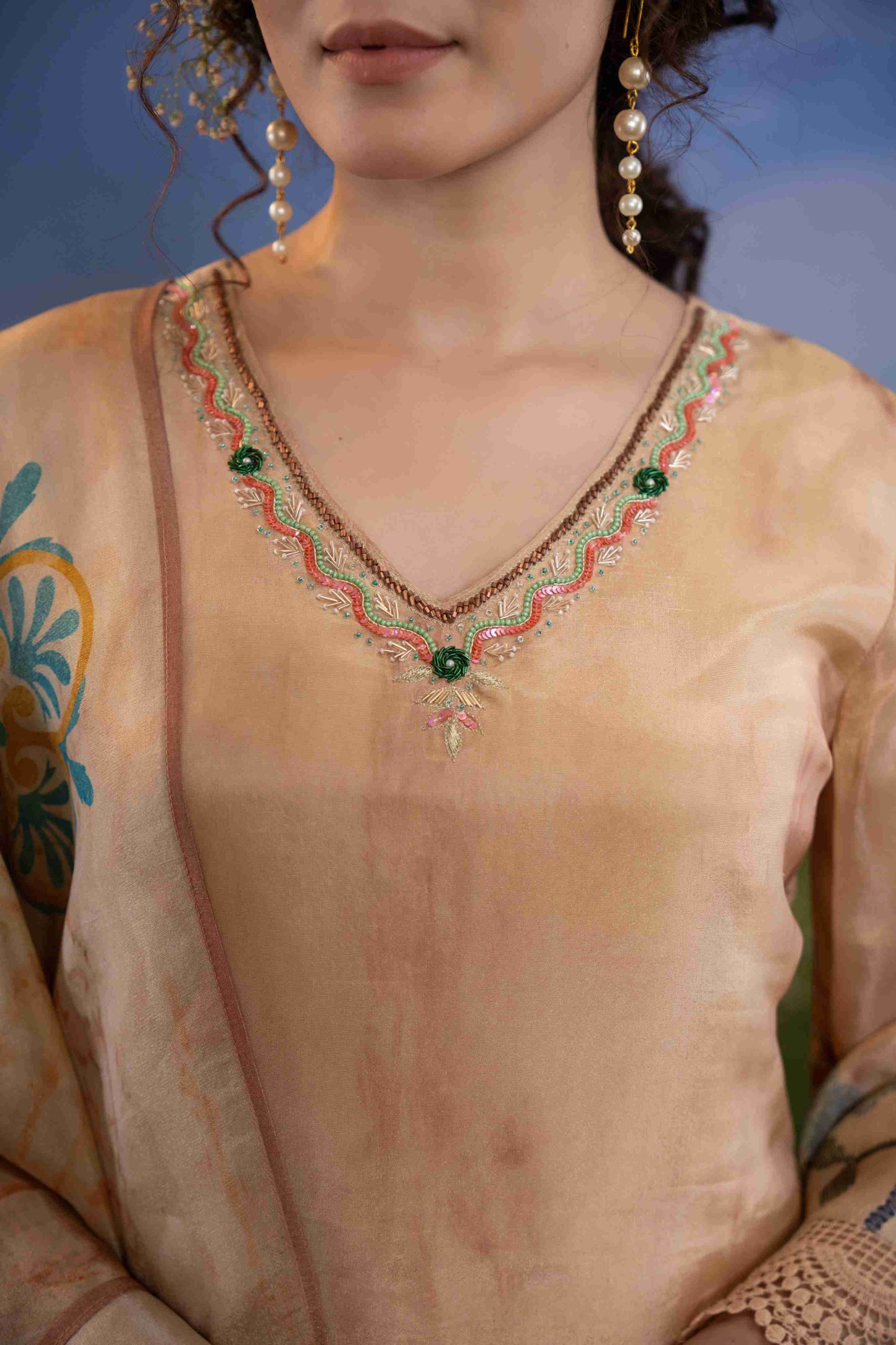 Blush Beige Multicolor Floral Printed Muslin 3-Piece Kurta Set