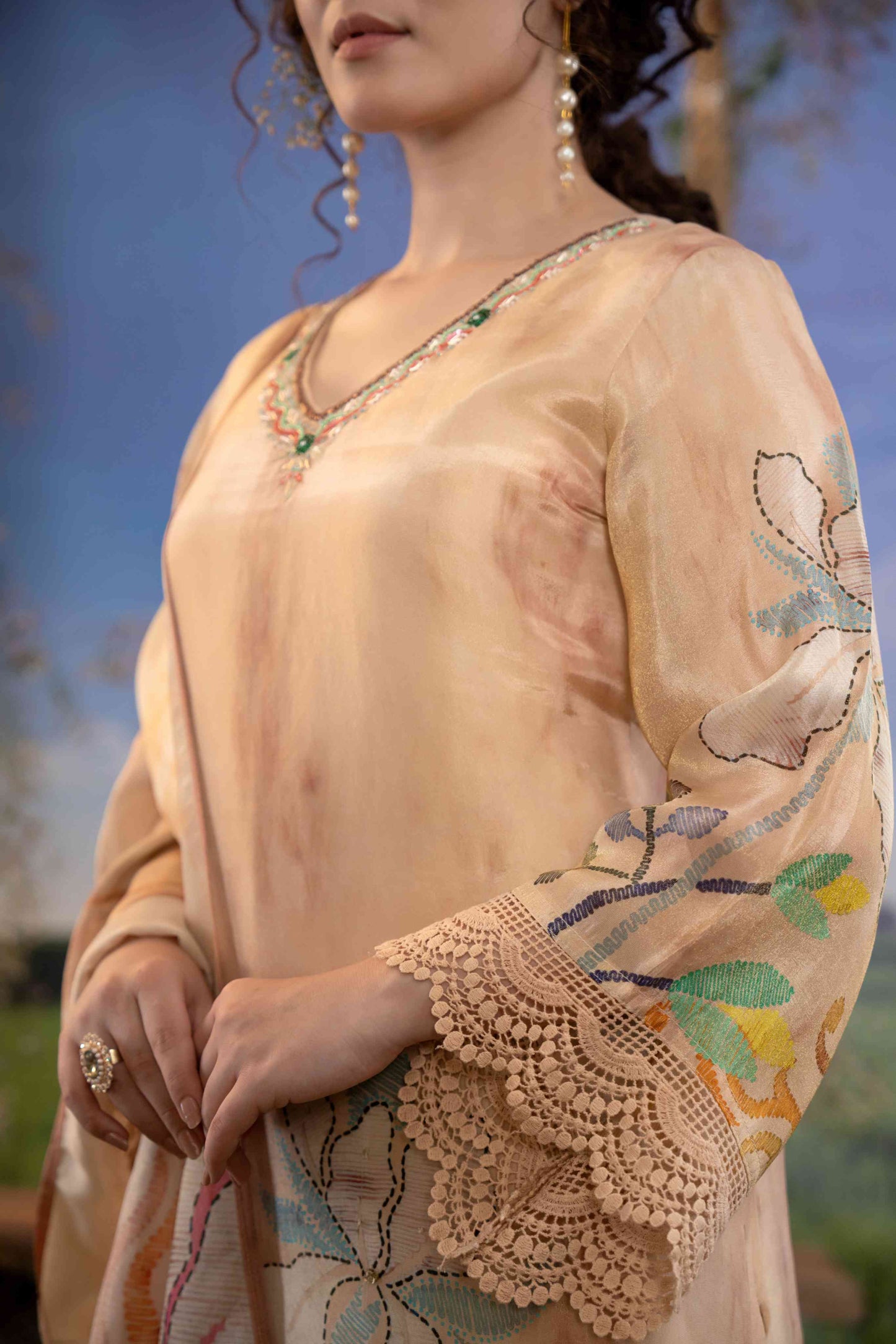 Blush Beige Multicolor Floral Printed Muslin 3-Piece Kurta Set