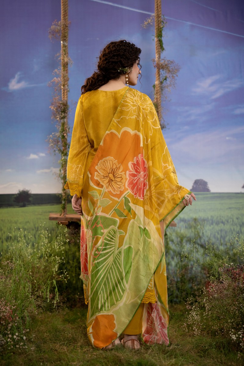 Mustard Yellow Hand-Painted Floral Muslin 3-Piece Kurta Set with Dupatta