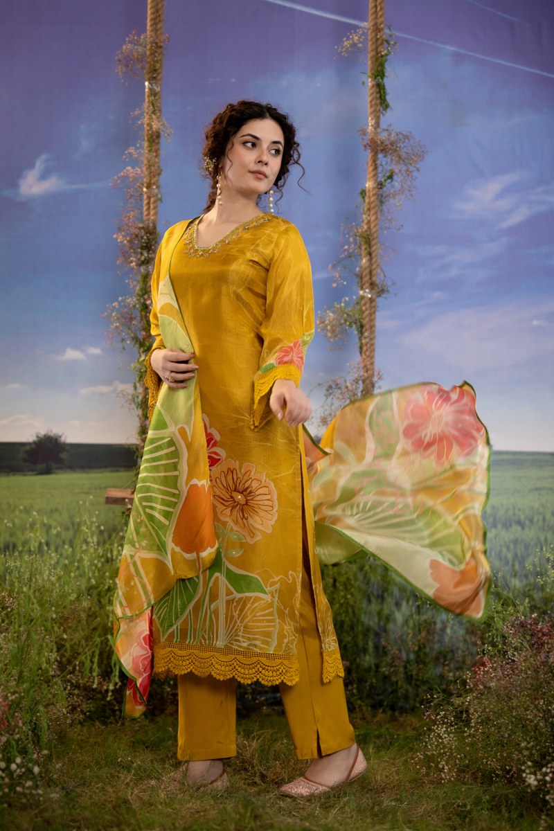 Mustard Yellow Hand-Painted Floral Muslin 3-Piece Kurta Set with Dupatta