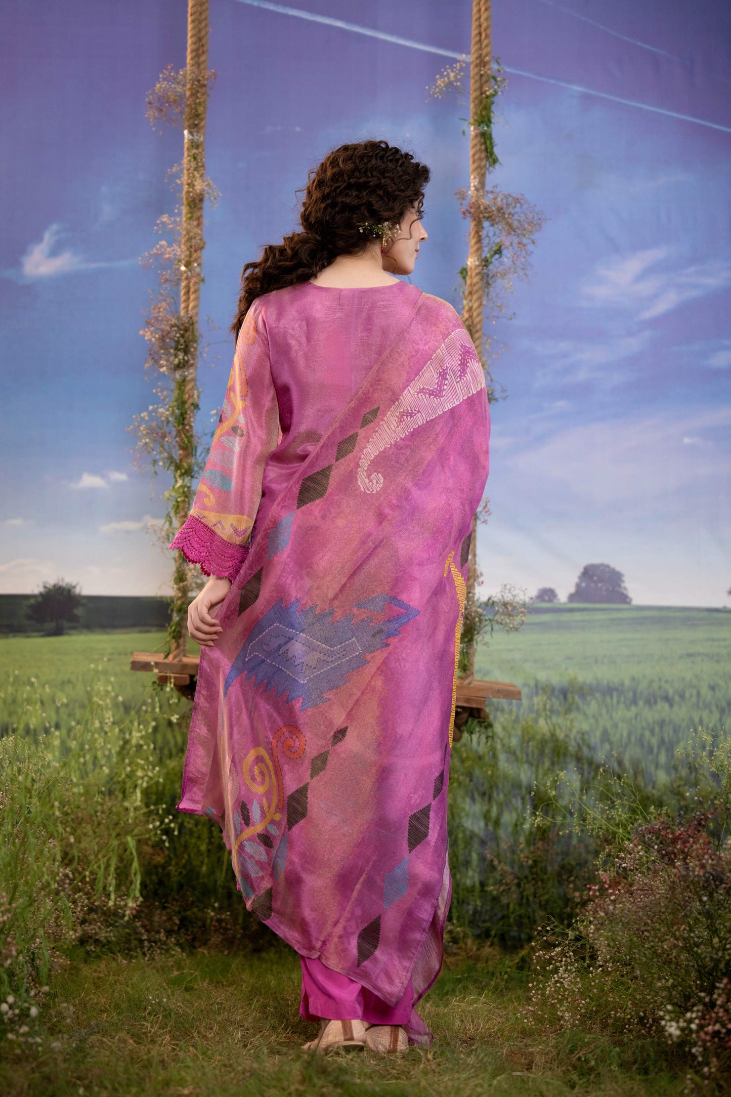 Magenta Pink Abstract Print Muslin 3-Piece Kurta Set with Dupatta