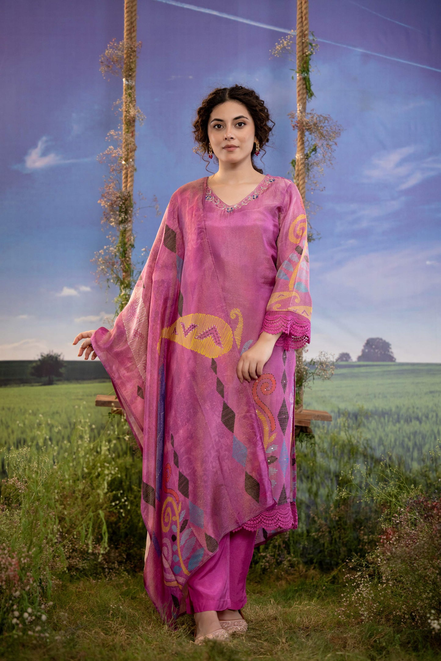 Magenta Pink Abstract Print Muslin 3-Piece Kurta Set with Dupatta