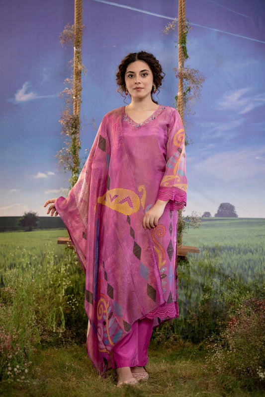 Magenta Pink Abstract Print Muslin 3-Piece Kurta Set with Dupatta
