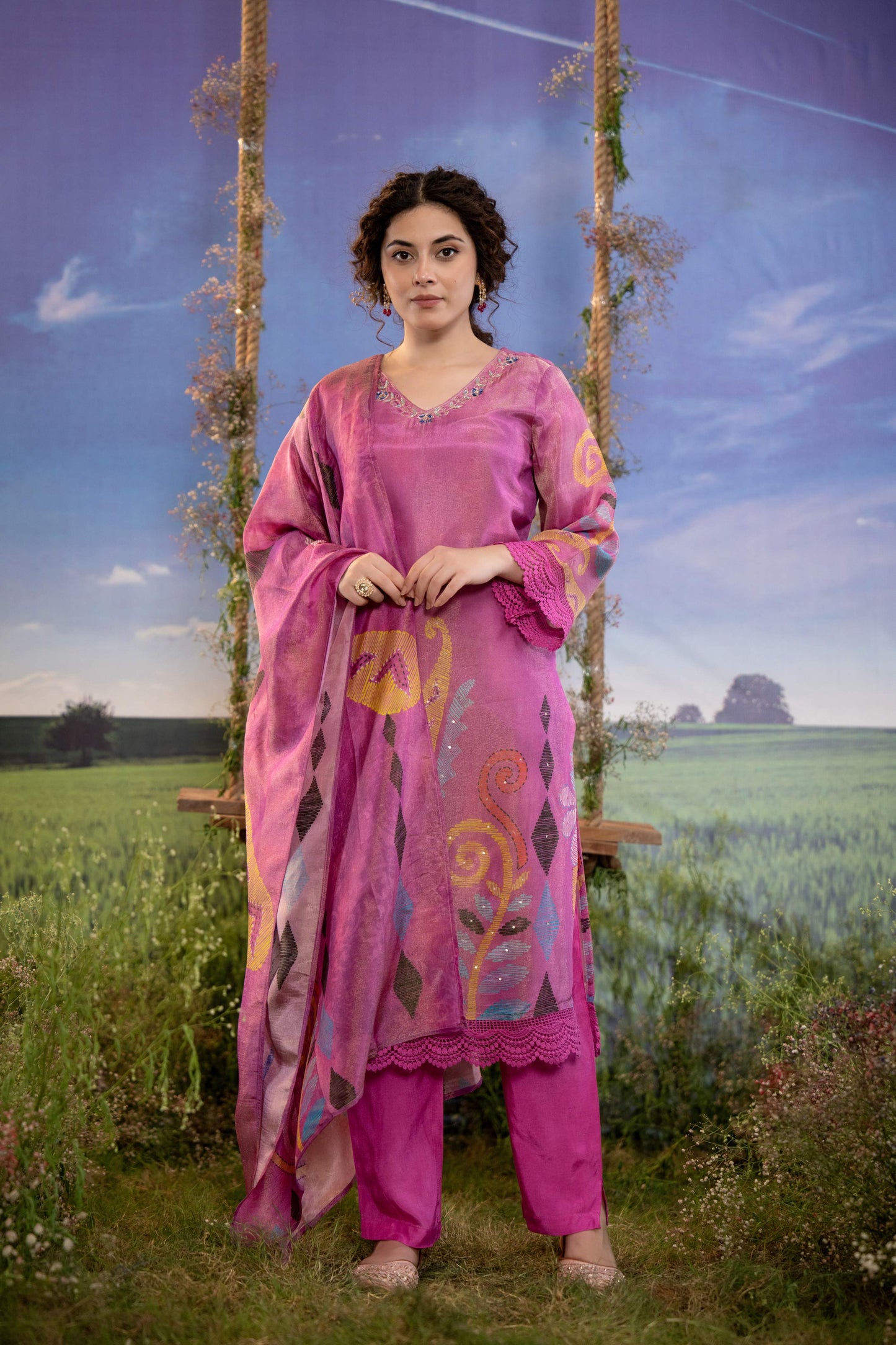 Magenta Pink Abstract Print Muslin 3-Piece Kurta Set with Dupatta