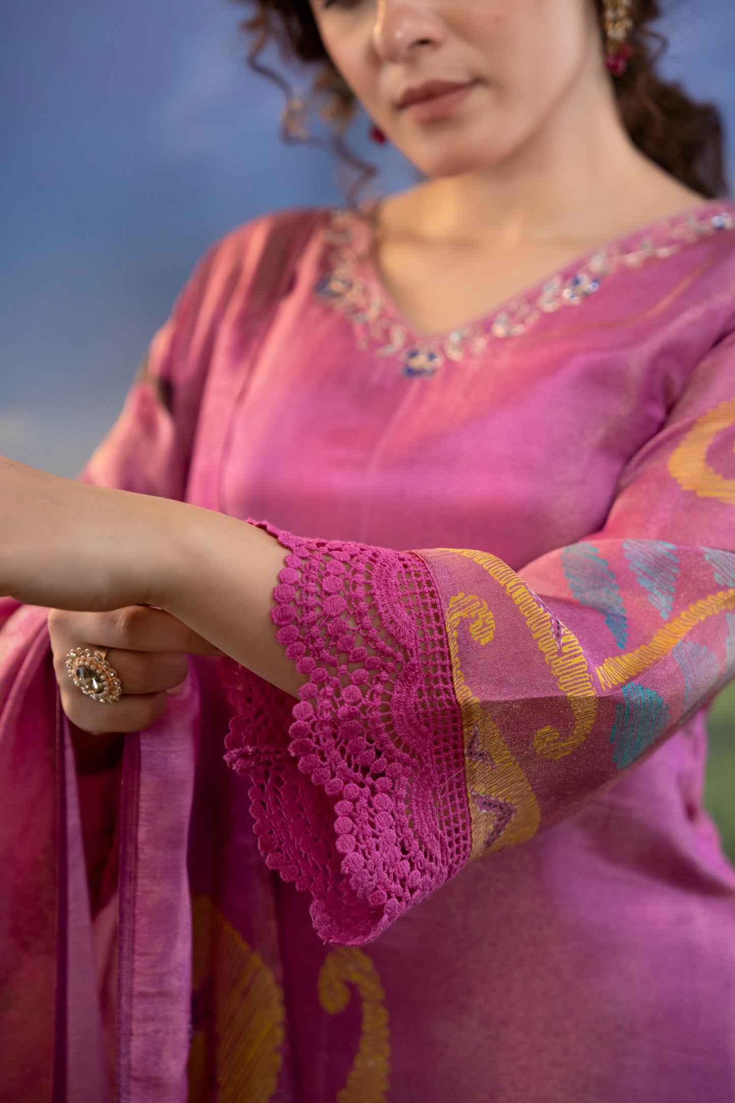 Magenta Pink Abstract Print Muslin 3-Piece Kurta Set with Dupatta