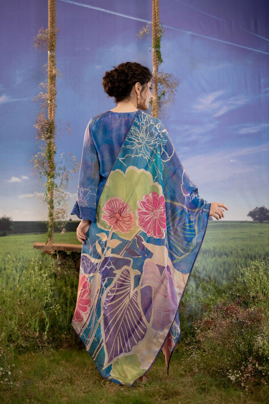 Iris Blue Hand-Painted Floral Muslin 3-Piece Kurta Set with Dupatta