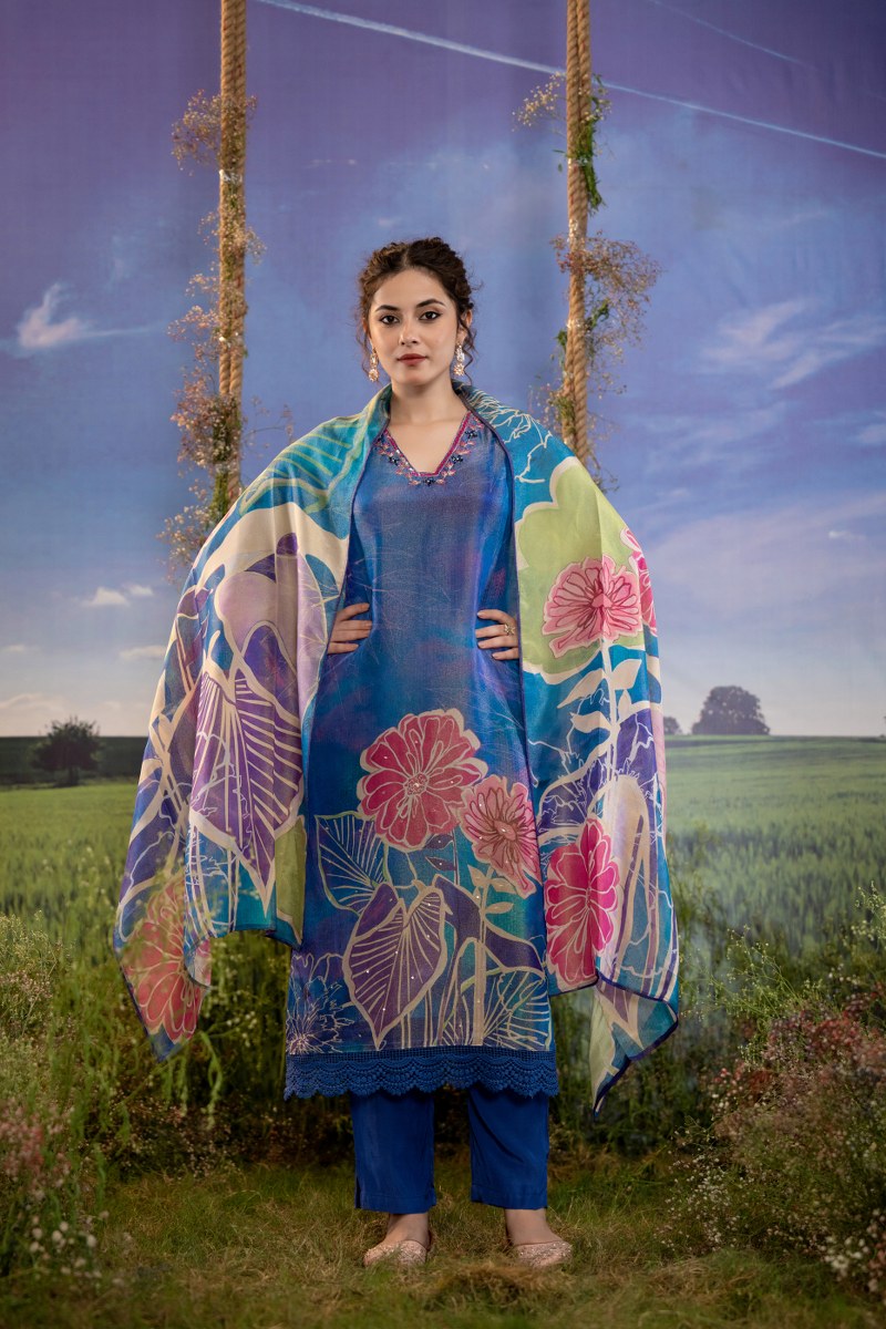 Iris Blue Hand-Painted Floral Muslin 3-Piece Kurta Set with Dupatta
