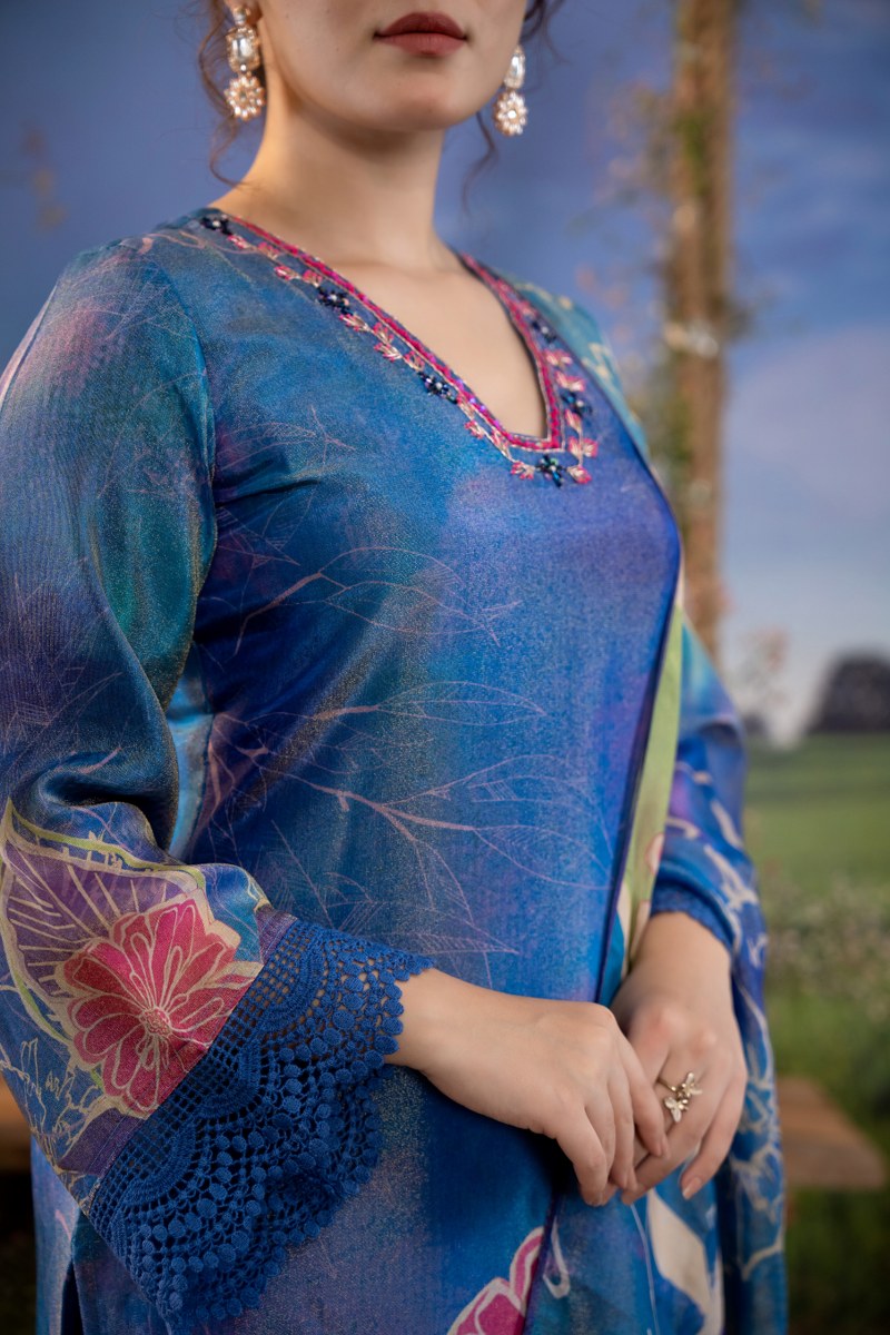 Iris Blue Hand-Painted Floral Muslin 3-Piece Kurta Set with Dupatta