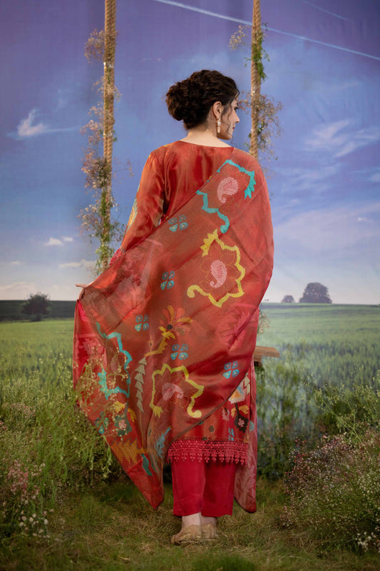 Crimson Mosaic Muslin 3-Piece Embroidered Suit Set