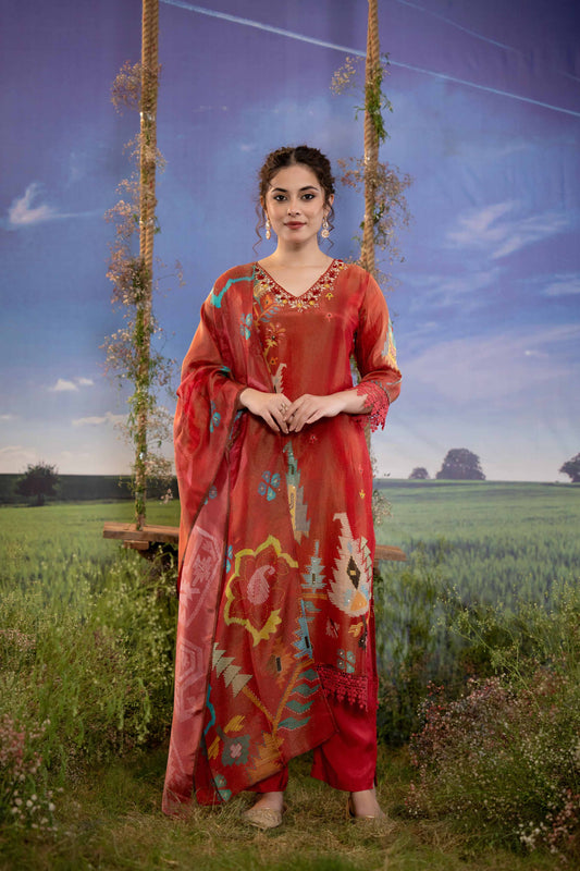 Crimson Mosaic Muslin 3-Piece Embroidered Suit Set