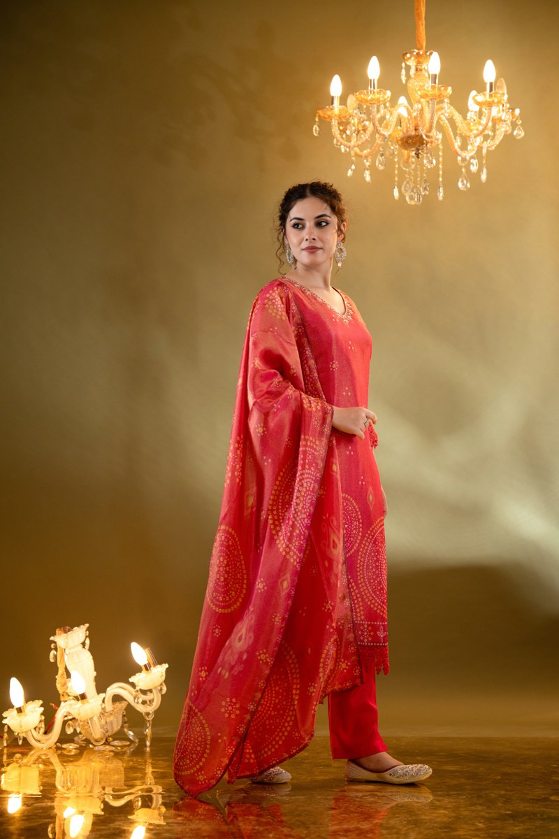 Crimson Red Printed Muslin 3-Piece Kurta Set with Dupatta