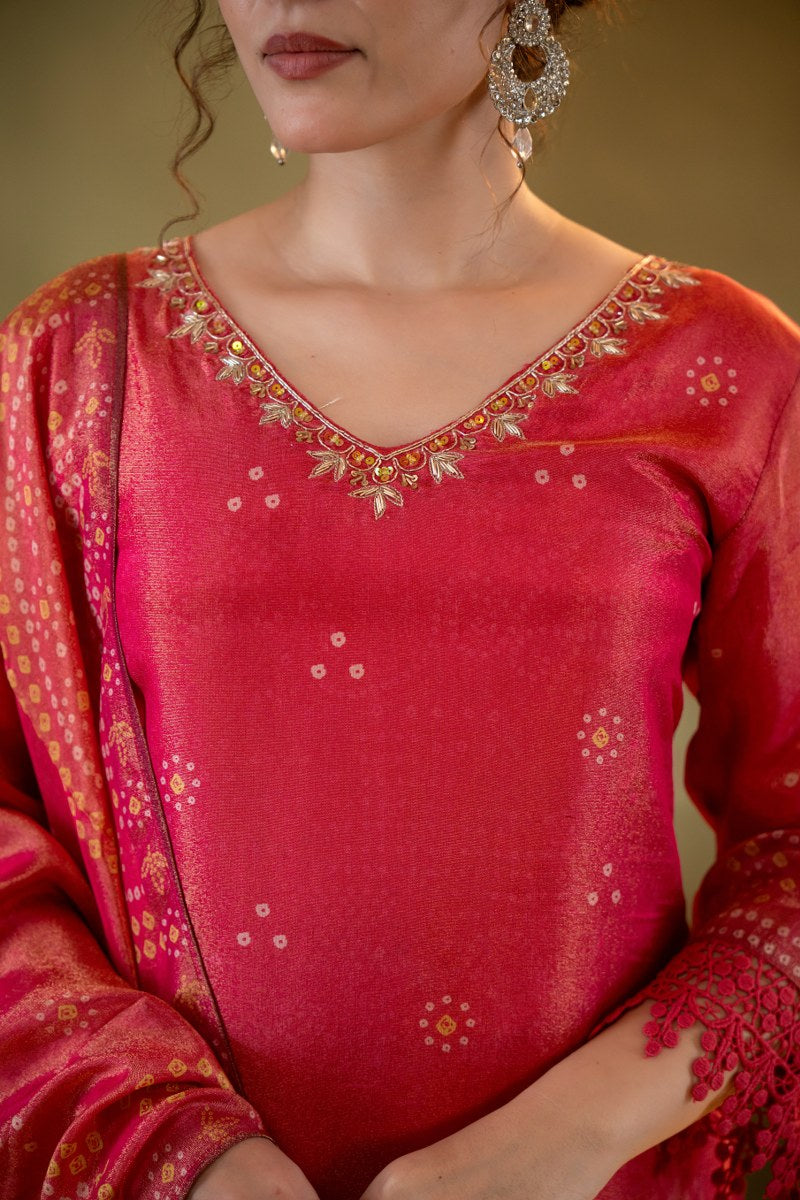 Crimson Red Printed Muslin 3-Piece Kurta Set with Dupatta