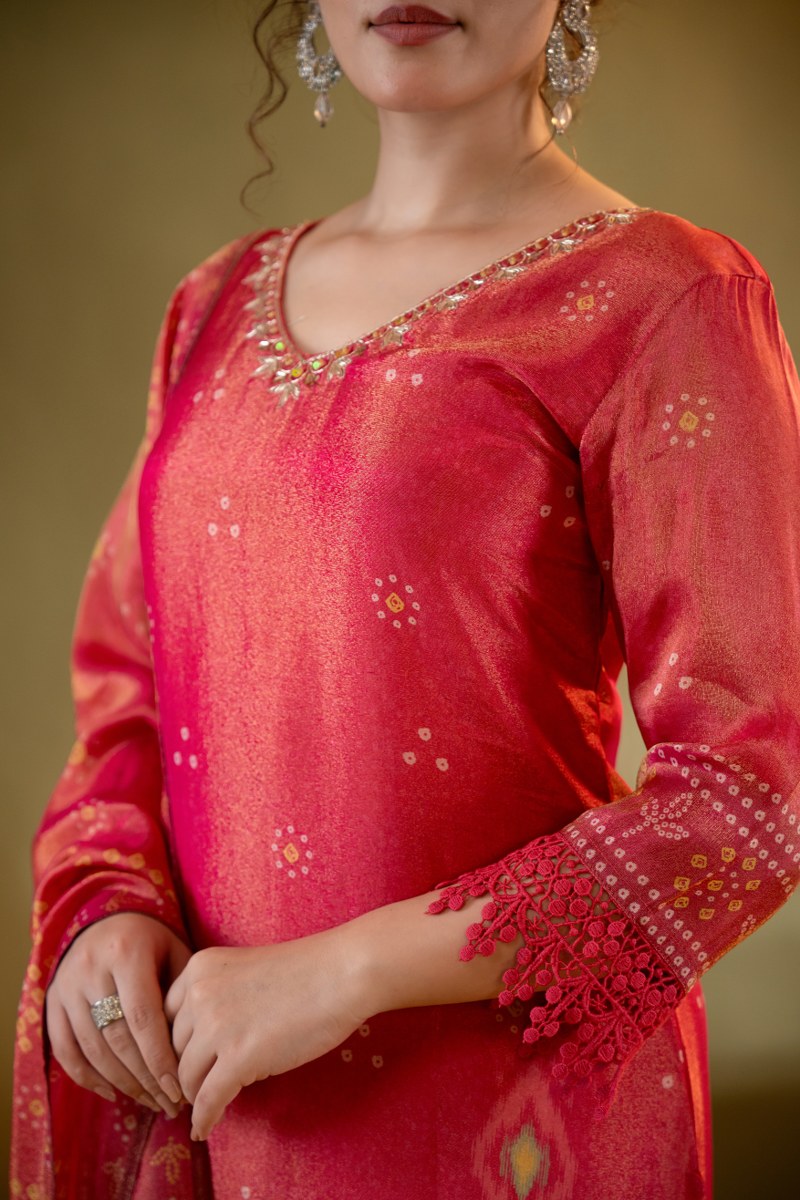Crimson Red Printed Muslin 3-Piece Kurta Set with Dupatta