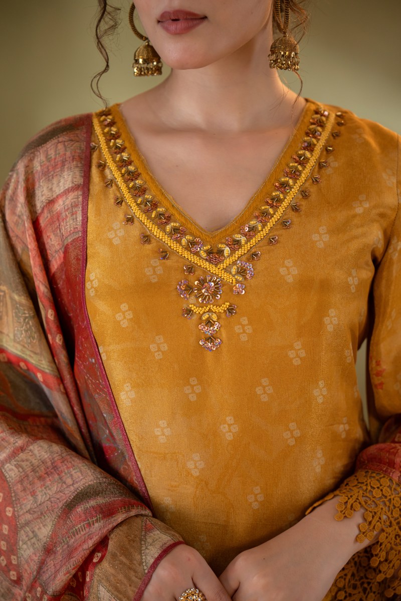 Mustard Yellow Printed Muslin 3-Piece Kurta Set with Ornate Dupatta