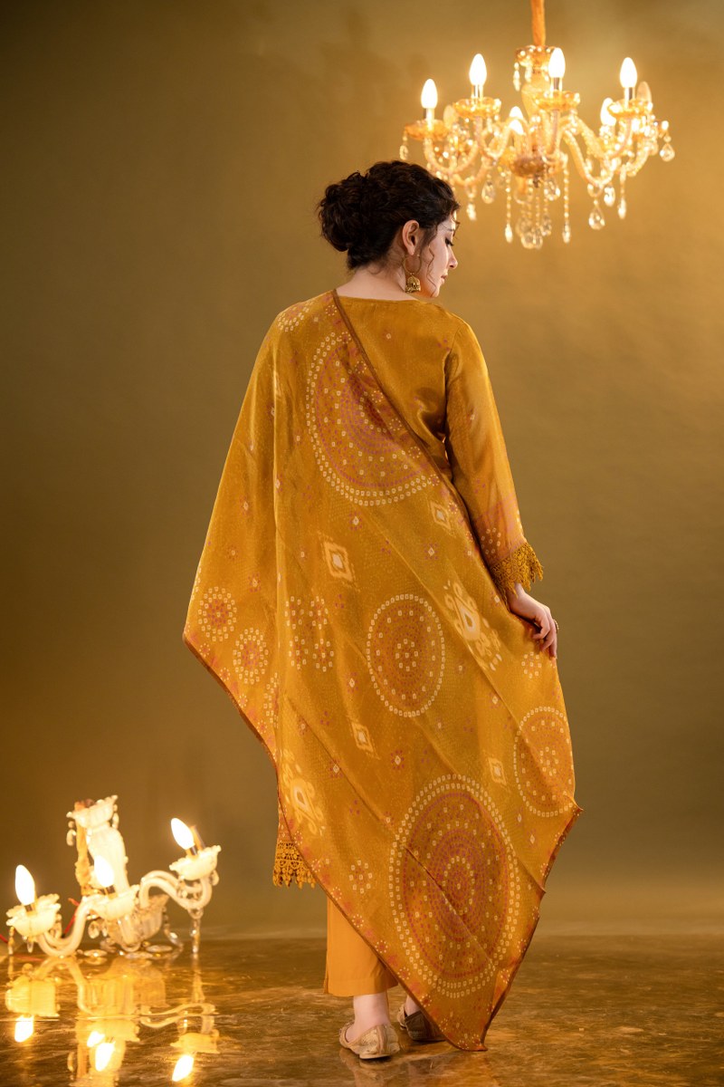 Mustard Yellow Printed Muslin 3-Piece Kurta Set with Dupatta