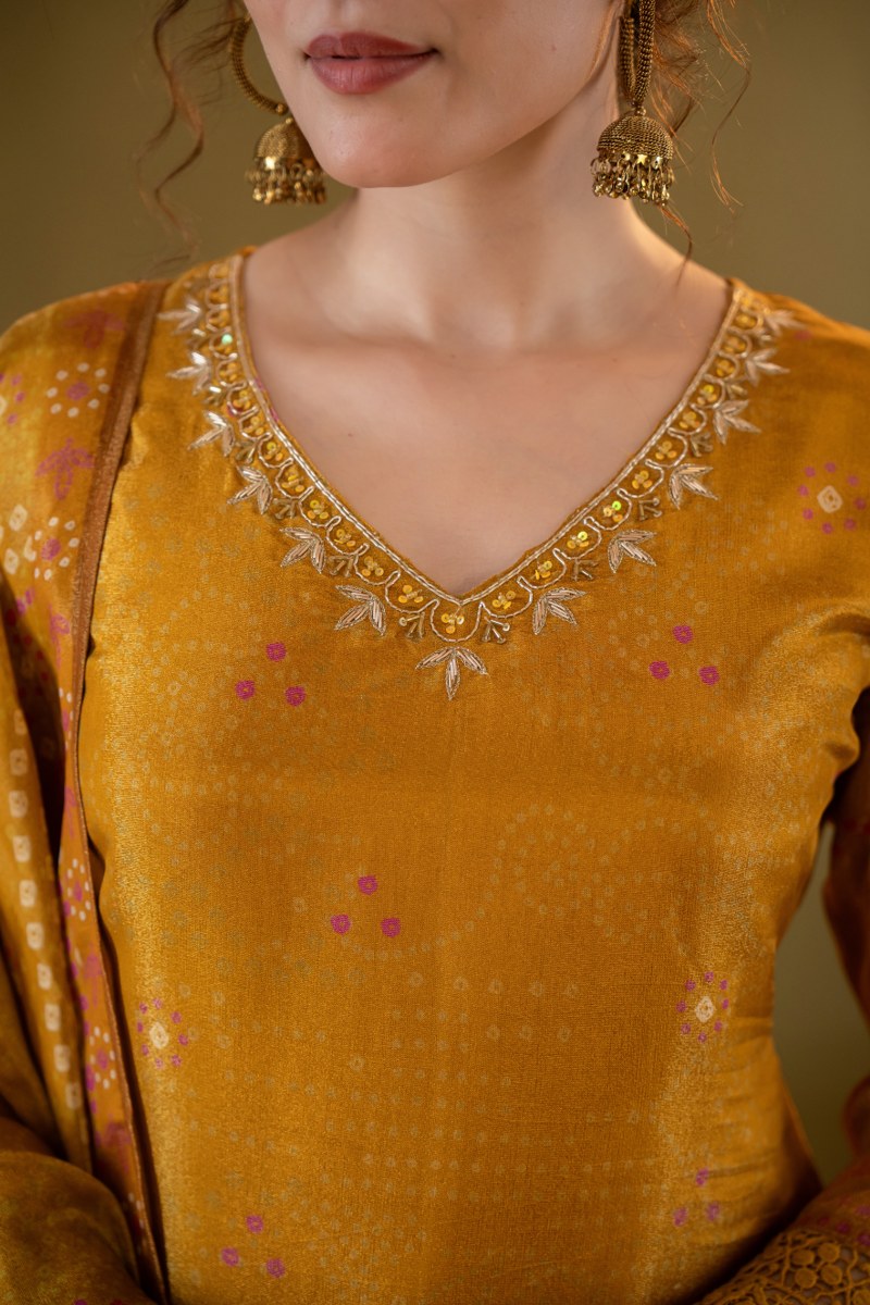 Mustard Yellow Printed Muslin 3-Piece Kurta Set with Dupatta