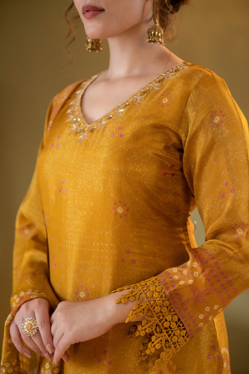 Mustard Yellow Printed Muslin 3-Piece Kurta Set with Dupatta