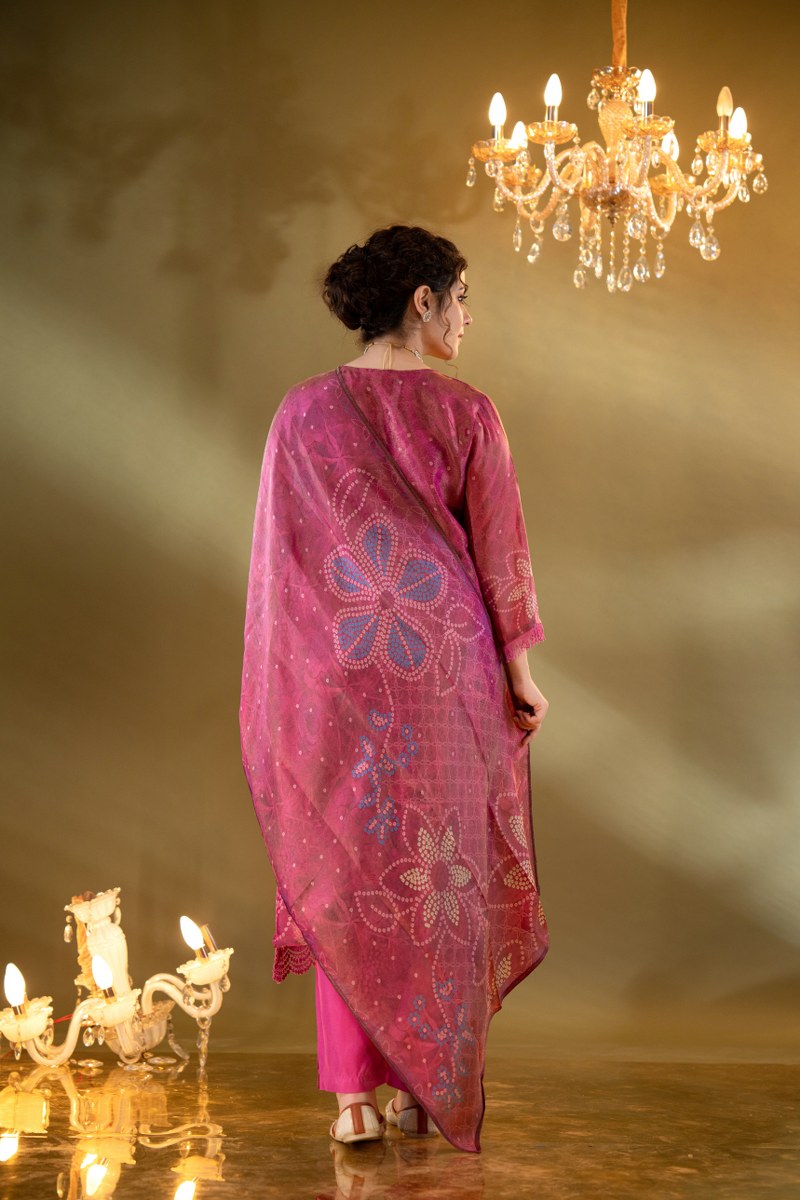 Fuchsia Pink Bandhani-Inspired Muslin 3-Piece Kurta Set with Dupatta