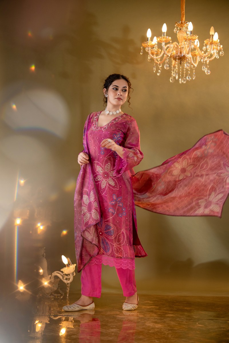 Fuchsia Pink Bandhani-Inspired Muslin 3-Piece Kurta Set with Dupatta