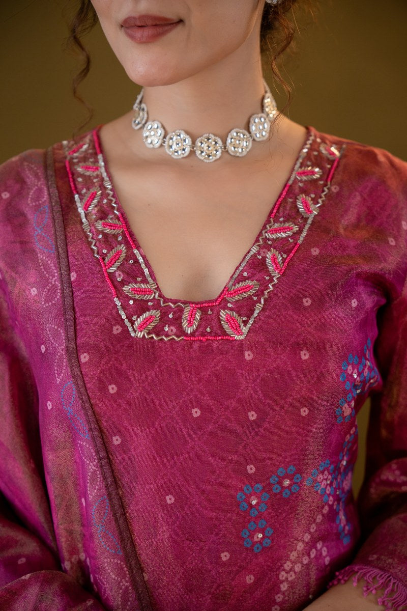 Fuchsia Pink Bandhani-Inspired Muslin 3-Piece Kurta Set with Dupatta