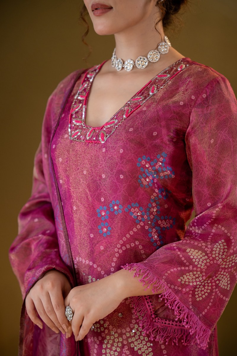 Fuchsia Pink Bandhani-Inspired Muslin 3-Piece Kurta Set with Dupatta