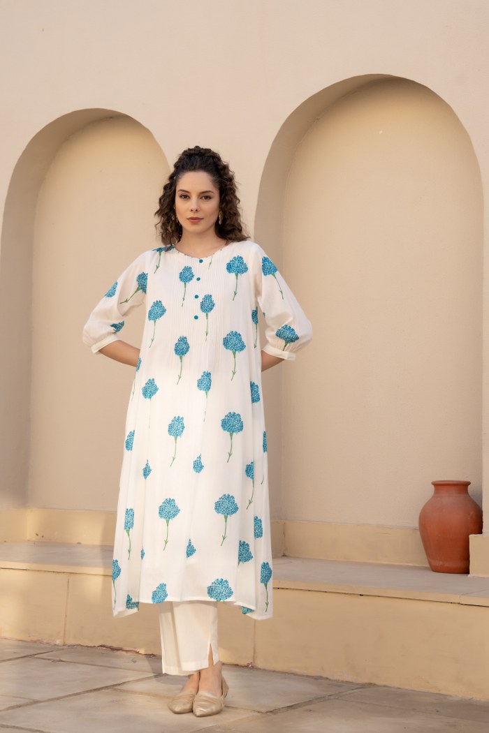 Ivory Blue Floral Printed Cotton Cord Set for Women